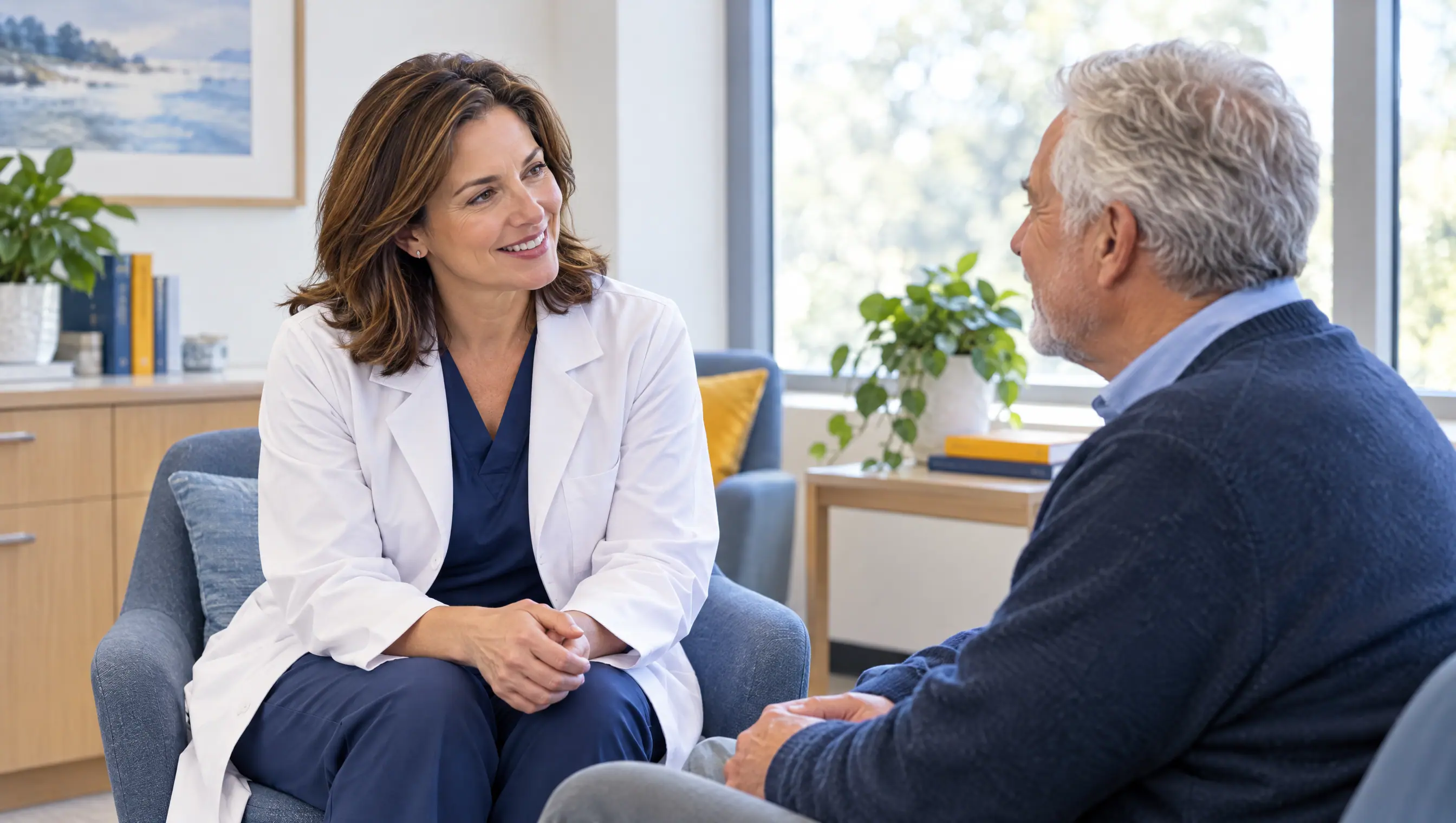 A physician in an unhurried conversation with a patient