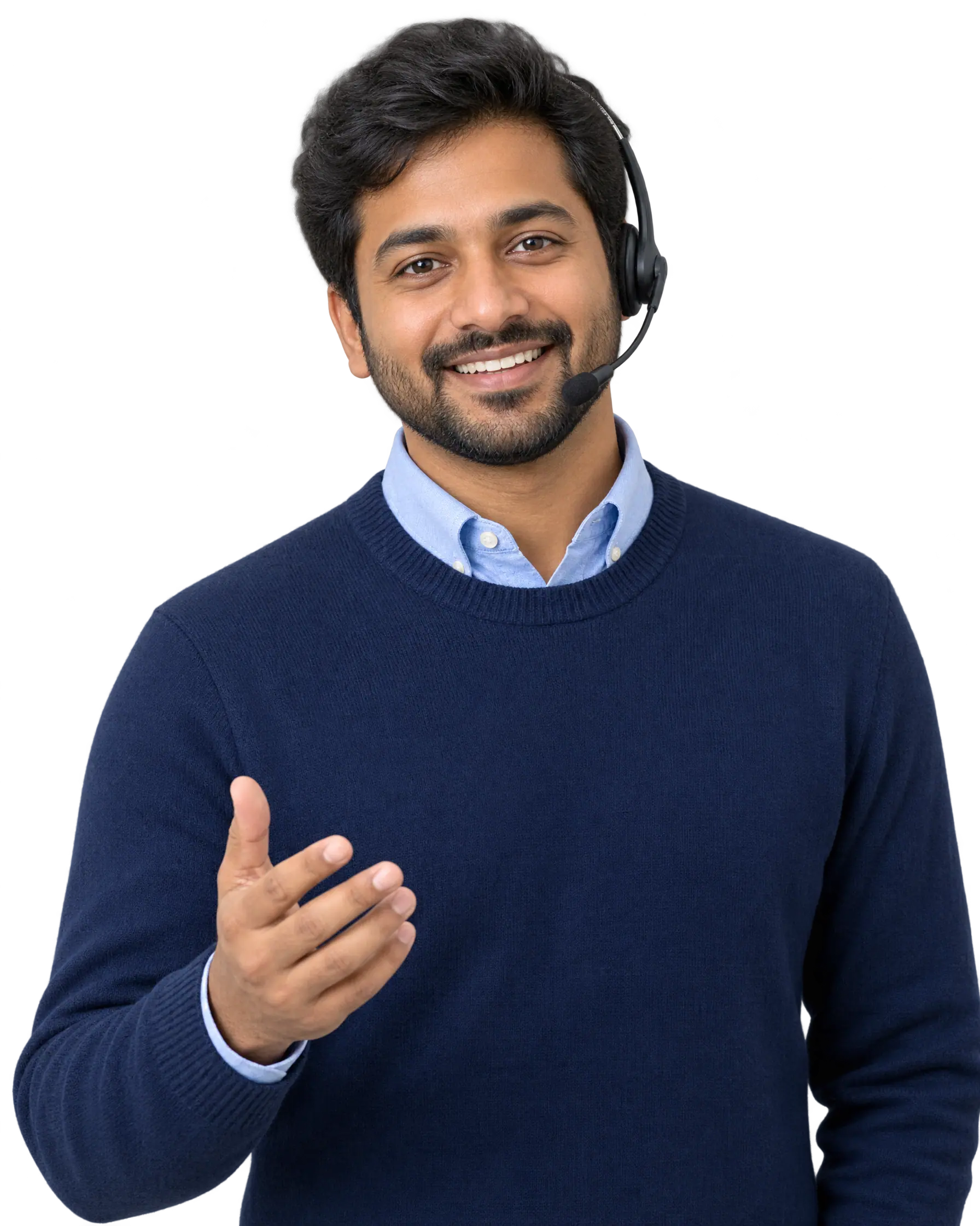 A Billmax MD client success manager in a headset, smiling and gesturing hello