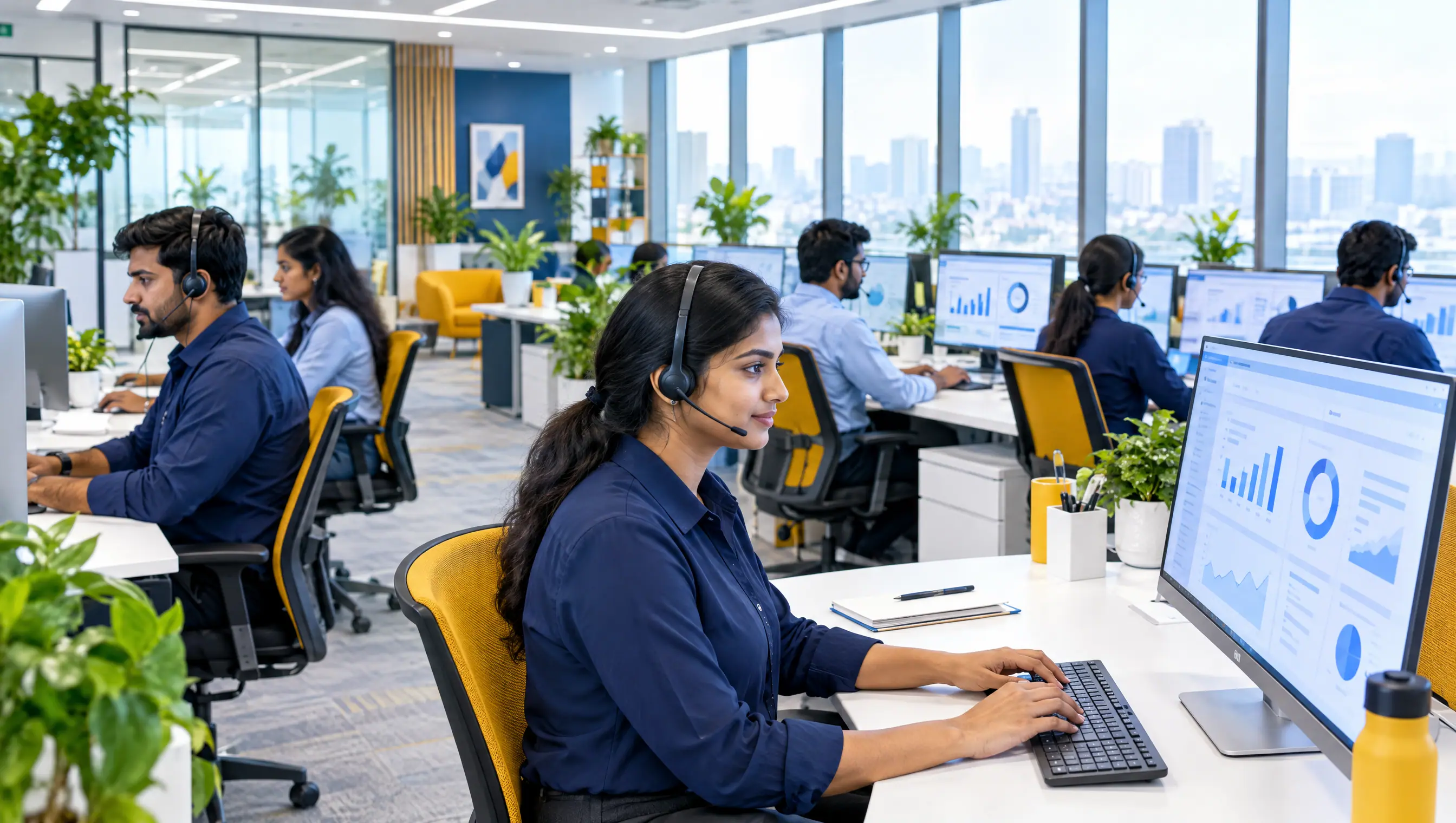 The Billmax MD operations floor: specialists at dual-monitor desks reviewing claim data in a bright open-plan office