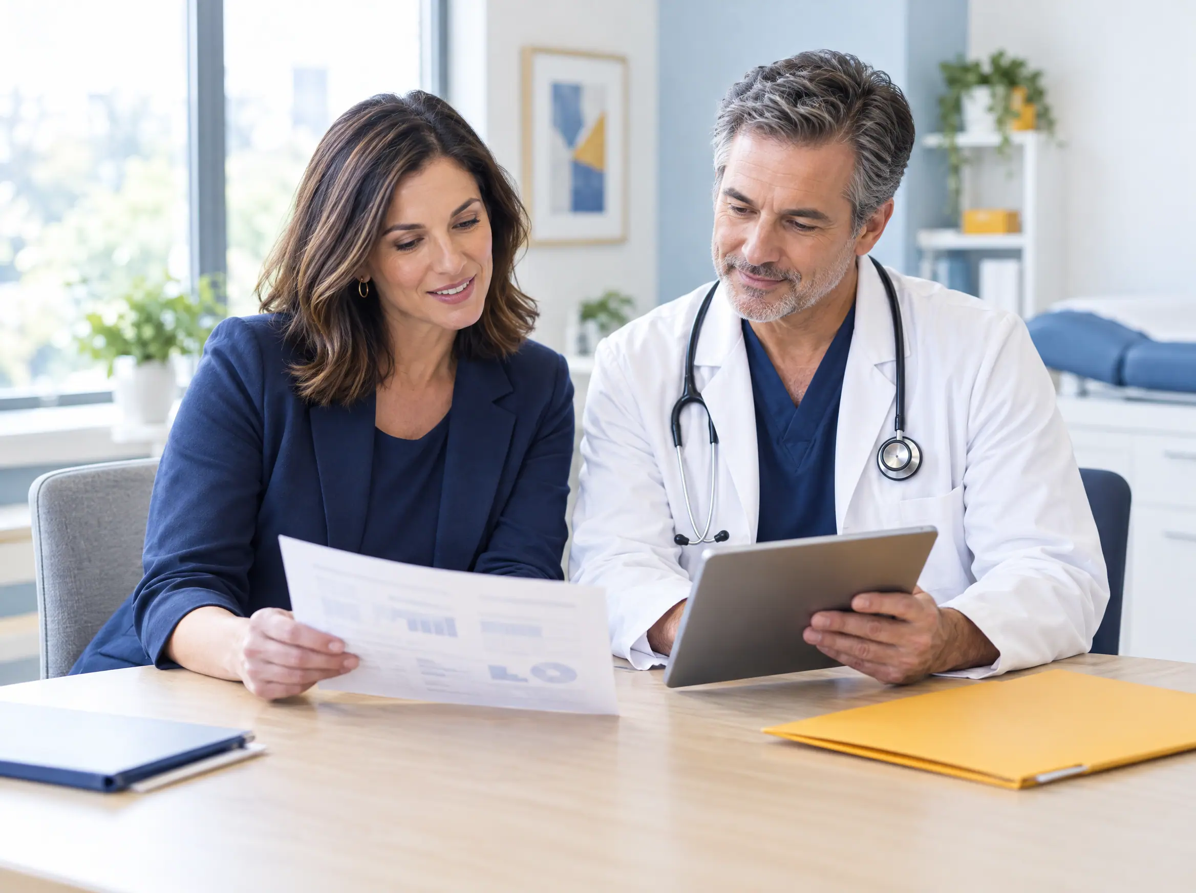 A practice administrator and a clinician reviewing a claim summary together