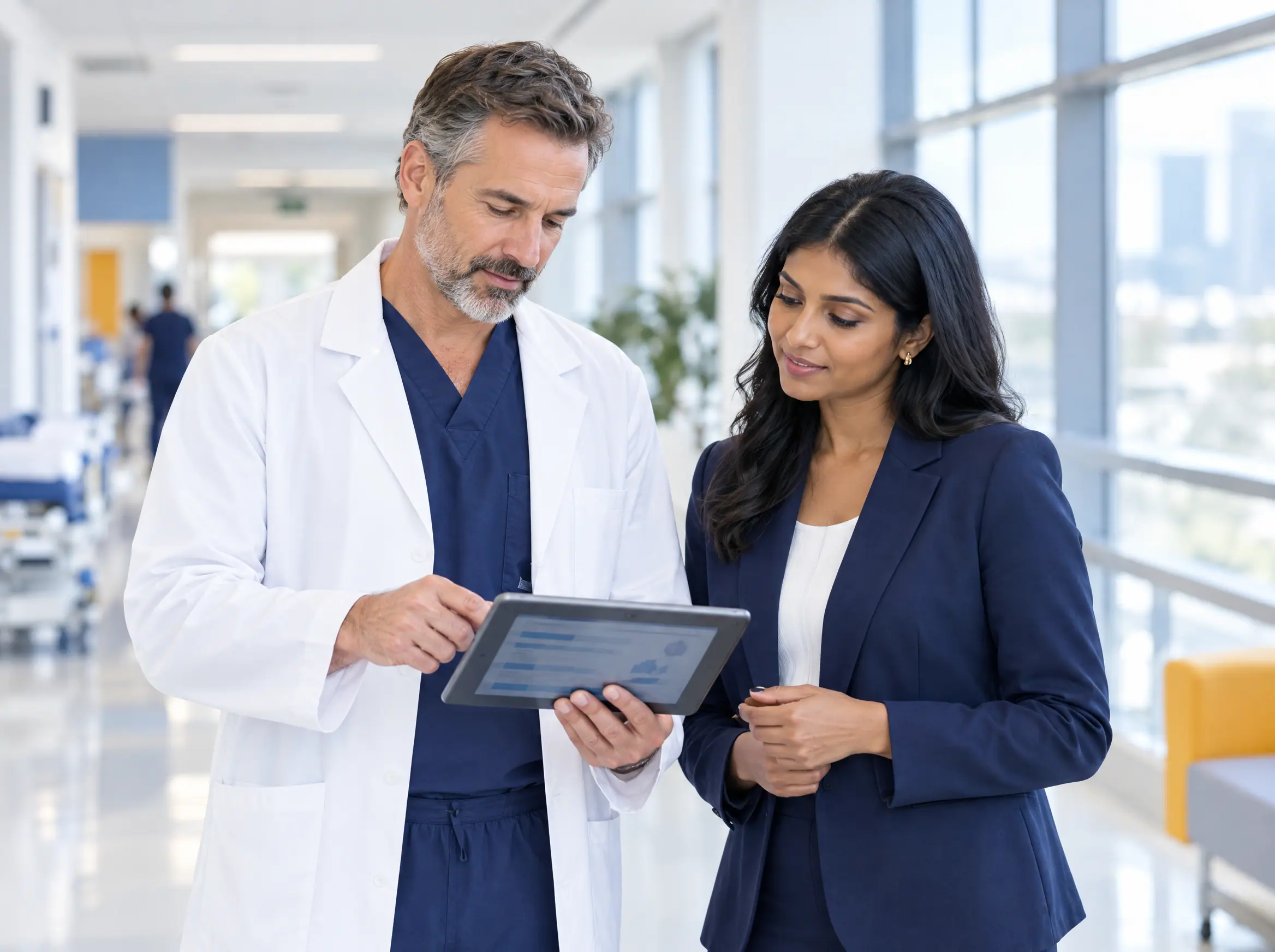 A cardiothoracic surgeon reviewing an operative summary with a Billmax MD billing liaison