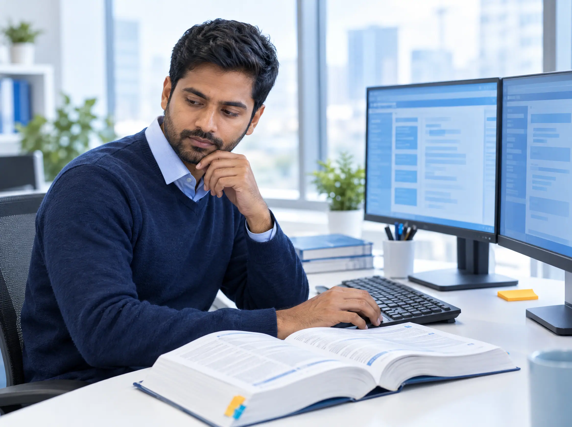 A certified medical coder checking a code reference beside his dual-monitor workstation