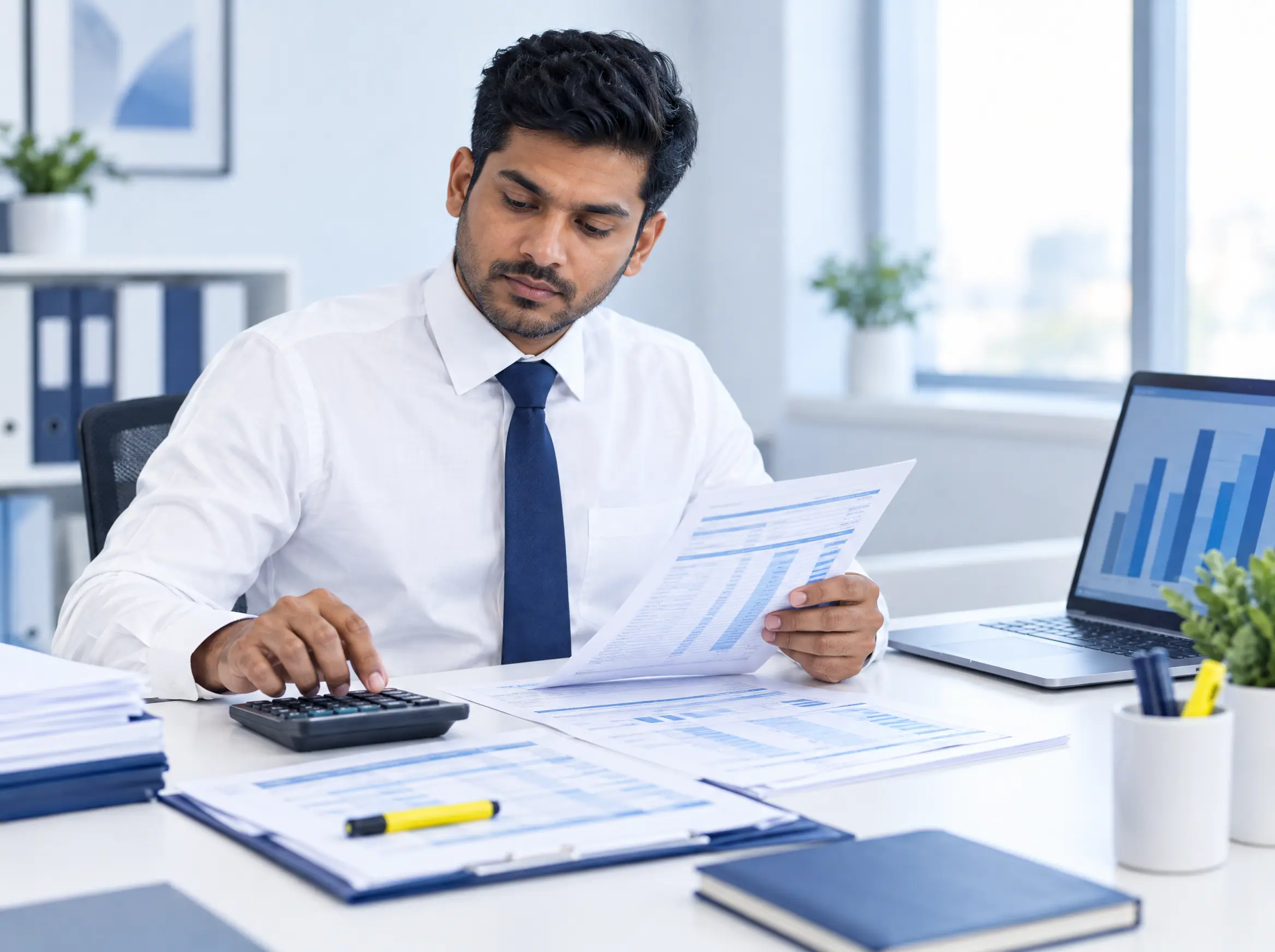 A payment posting specialist reconciling remittance statements with a calculator