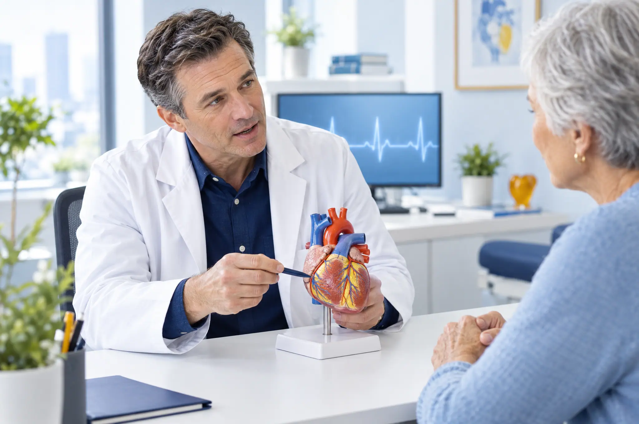 A cardiologist explaining a heart model to an older patient