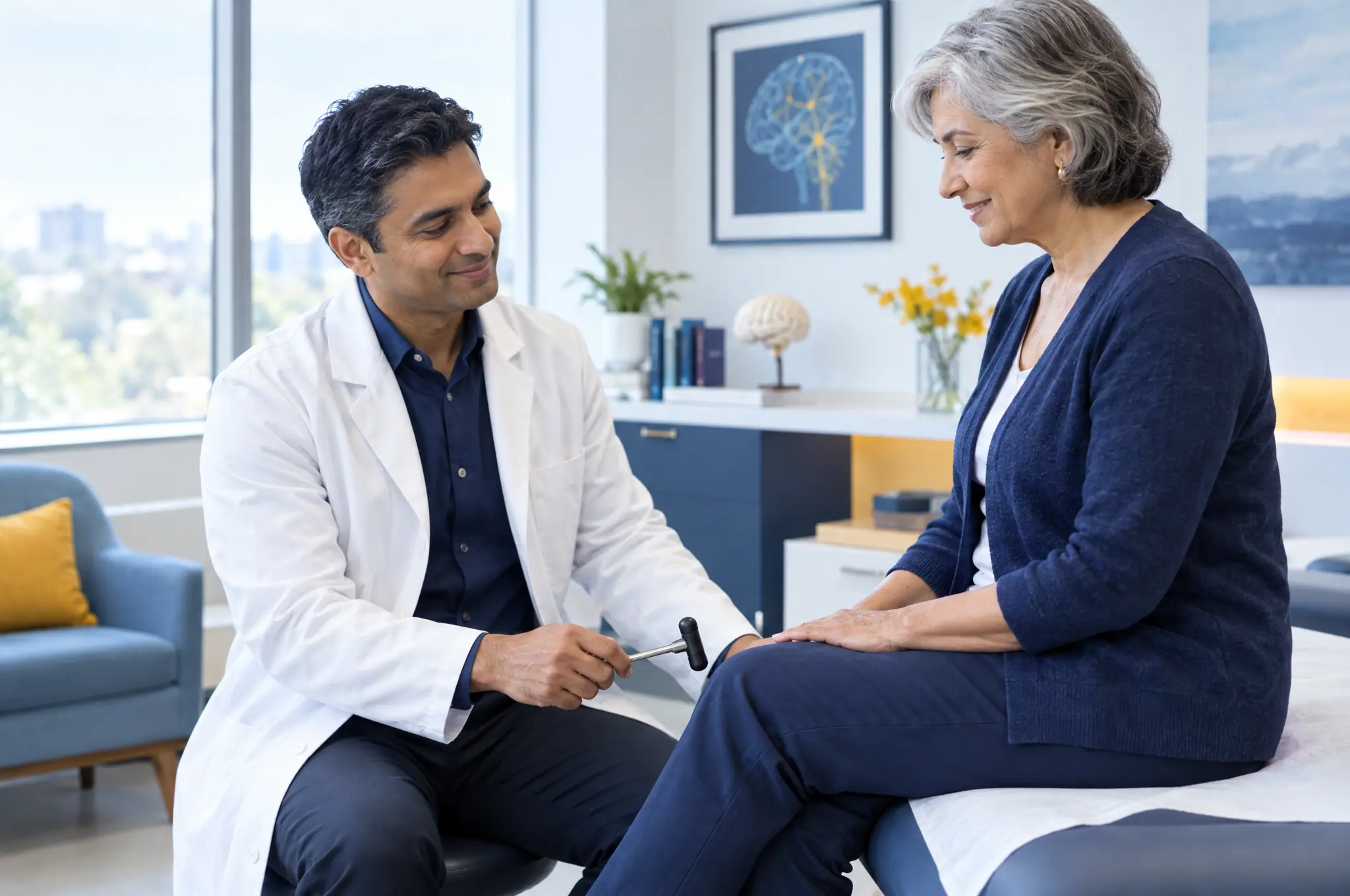 A neurologist performing a reflex check with a patient
