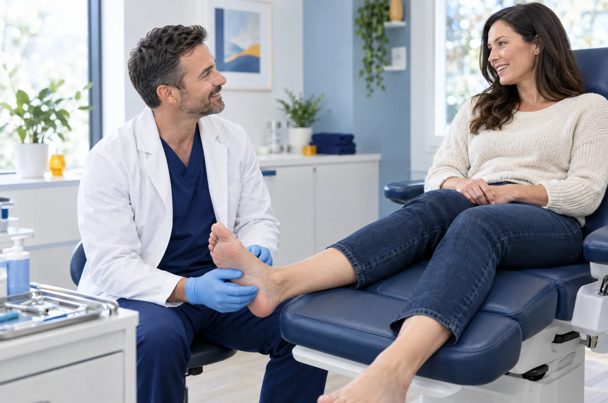 A podiatrist examining a patient's foot in a bright clinic