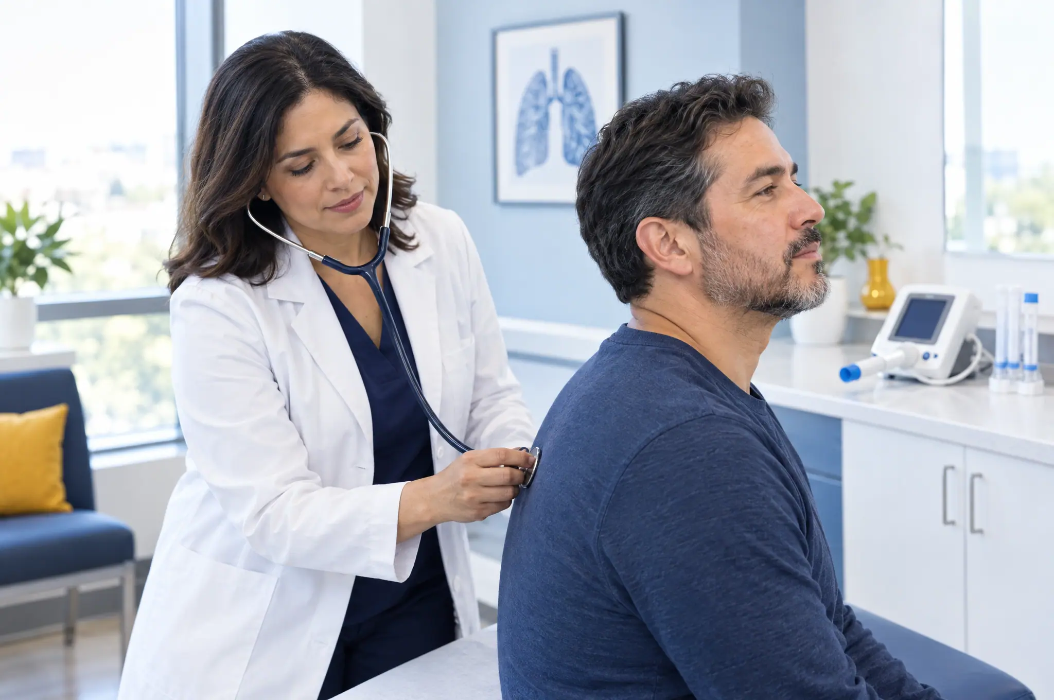 A pulmonologist listening to a patient's lungs with a stethoscope