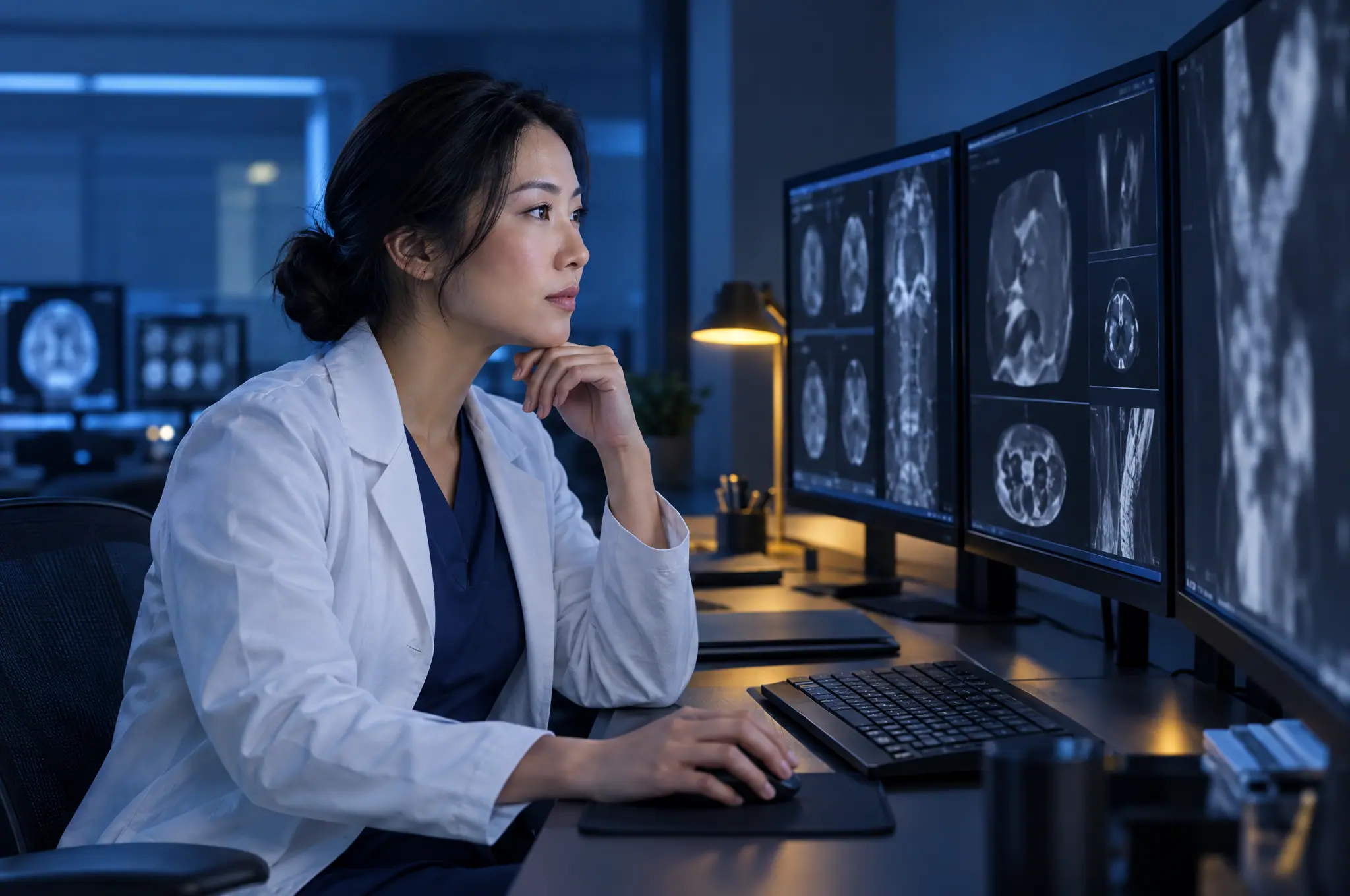 A radiologist reviewing imaging studies on reading-room monitors