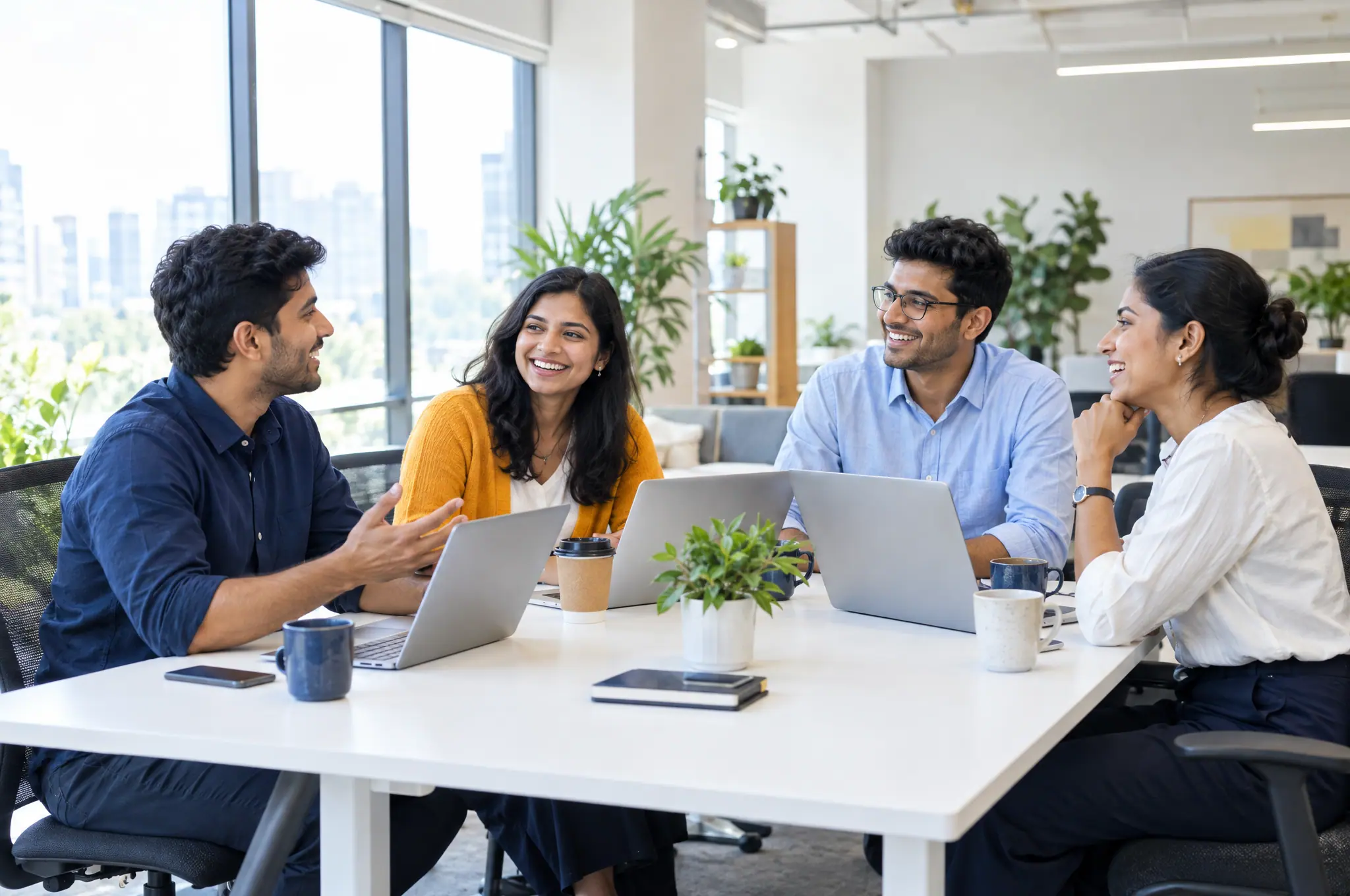 The Billmax MD team in conversation around a shared desk in the Lahore office